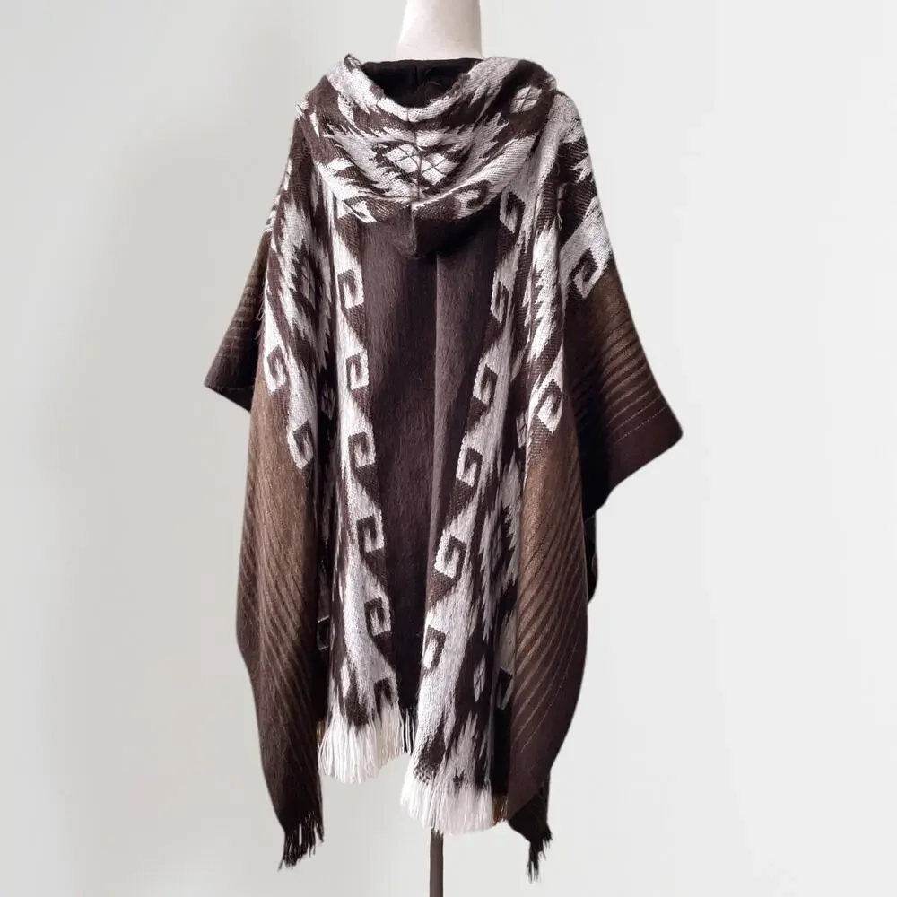 Vintage Alpaca Wool Blend Hooded Poncho Brown White One Size Aztec Boho - Picture 8 of 8